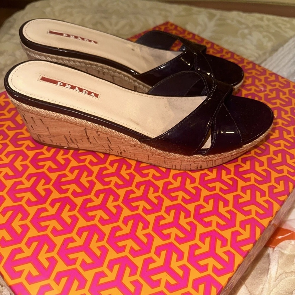 Prada Women's Wedge Shoes Sandals Platform Size 38.5 Espedrilles Navy Patent